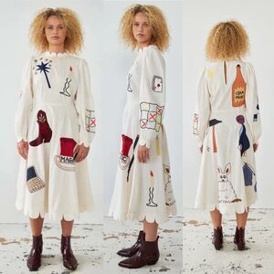 Stella Nova Circus Cotton-Seersucker Midi Dress XS Embroidered Beaded